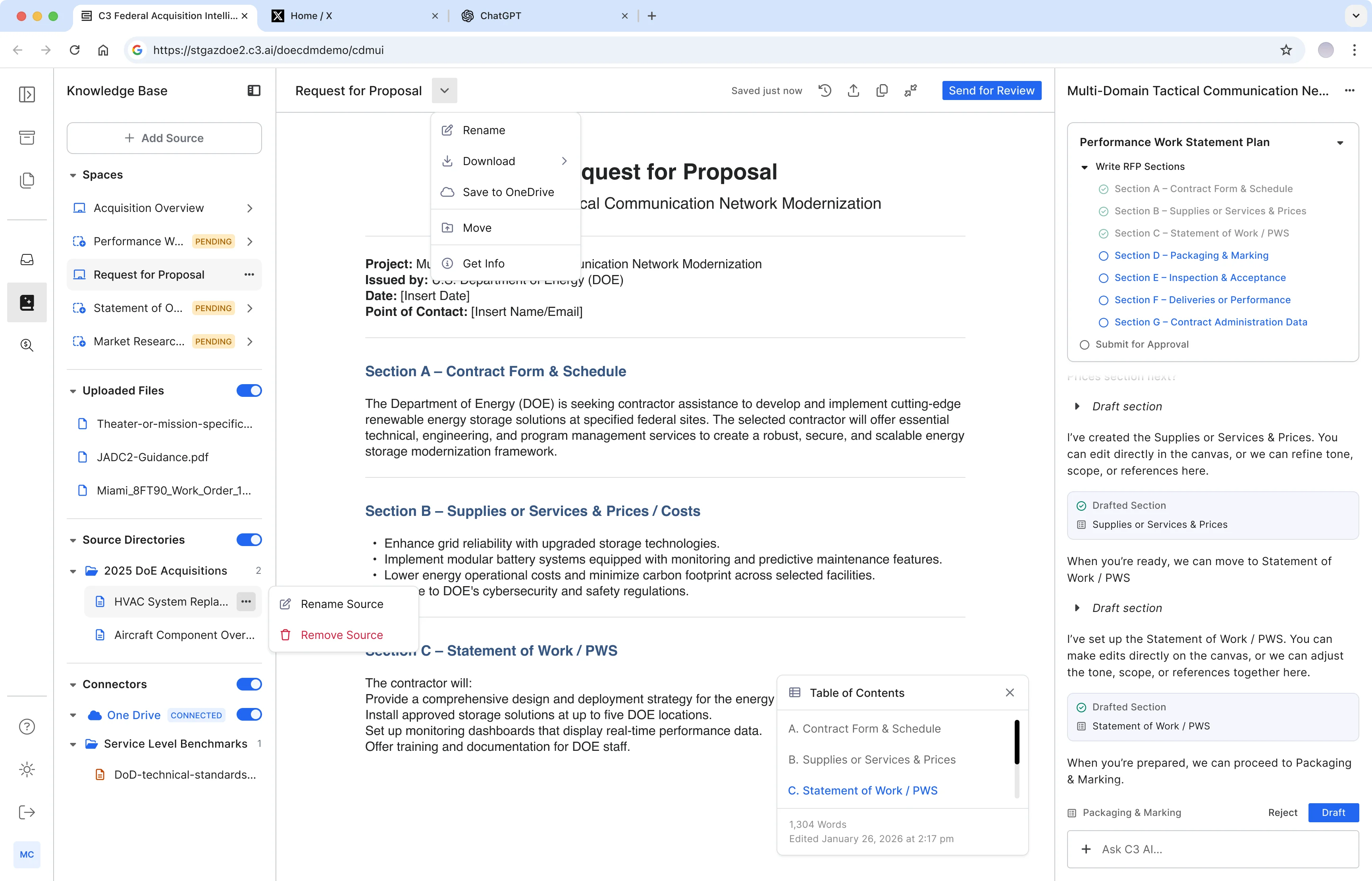 C3.ai Canvas — Source management and document actions