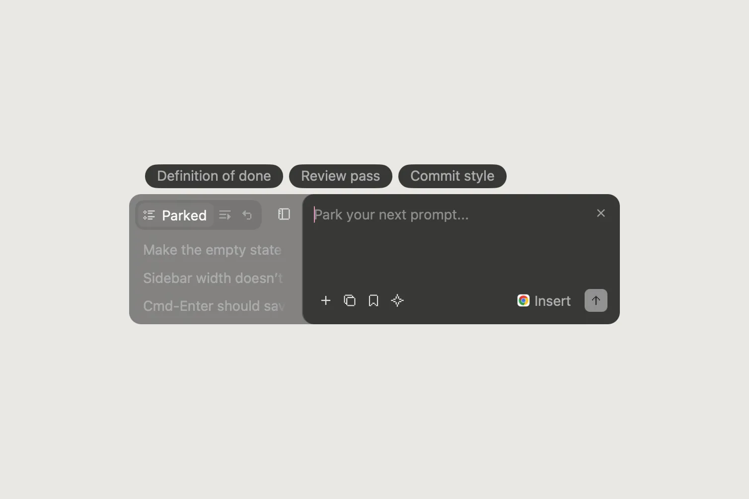 Three parked prompts in the Jellypad rail beside the composer