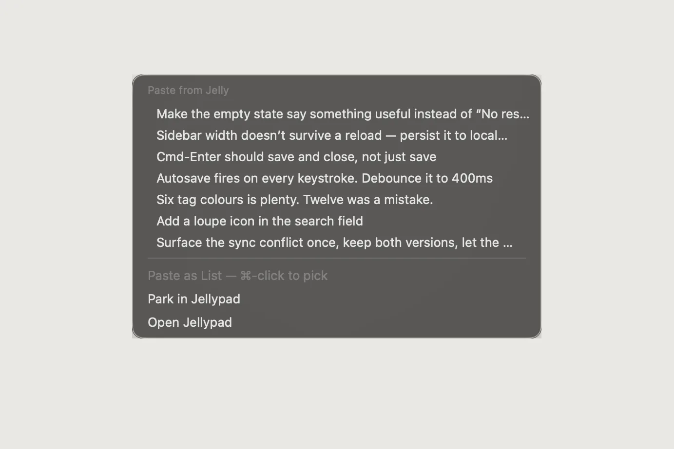 The Jellypad recall menu open at the text caret